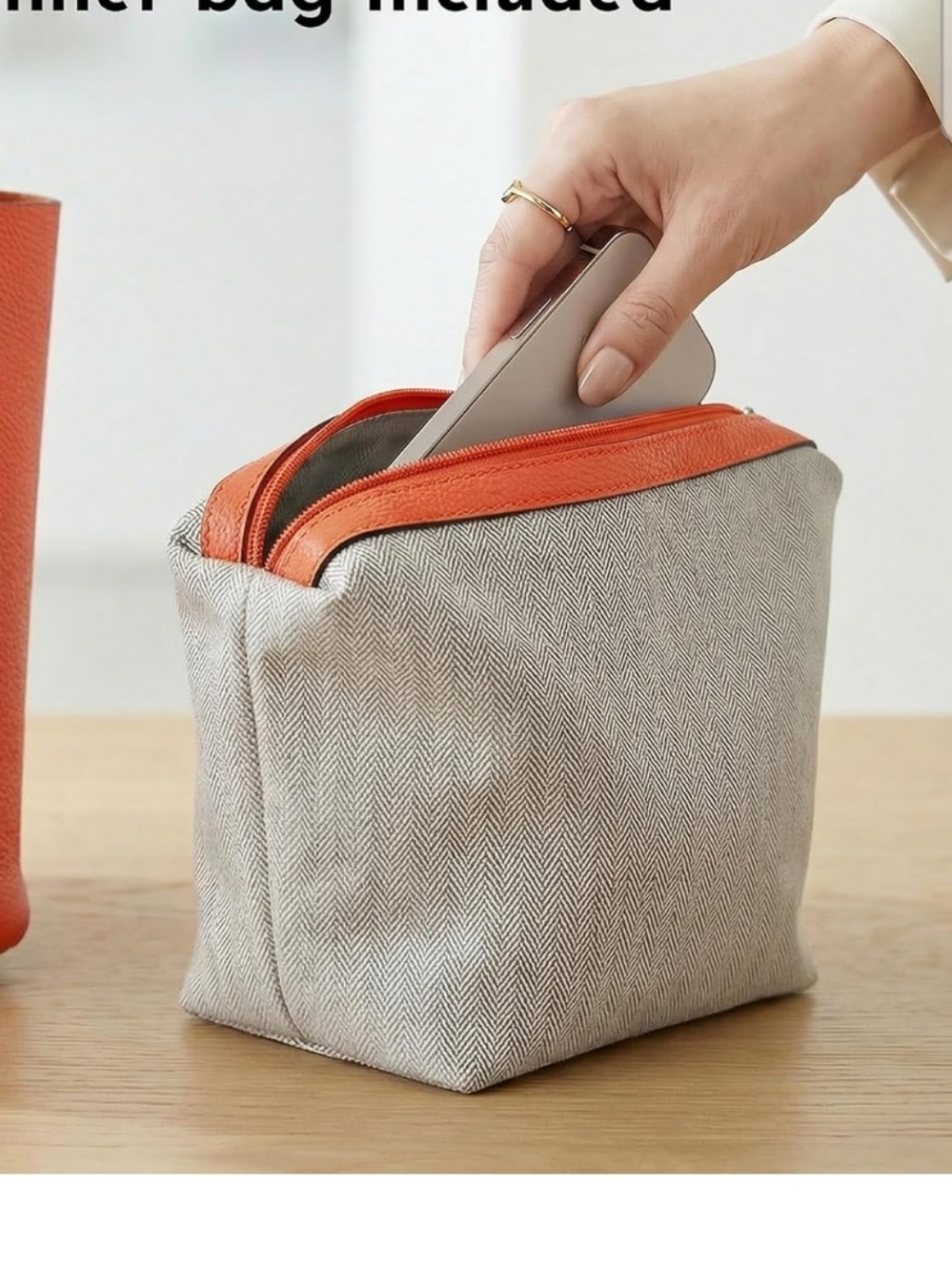 Canvas Toiletry Bag with Orange Trim - Picotin Bag Shaper Storage & Organization